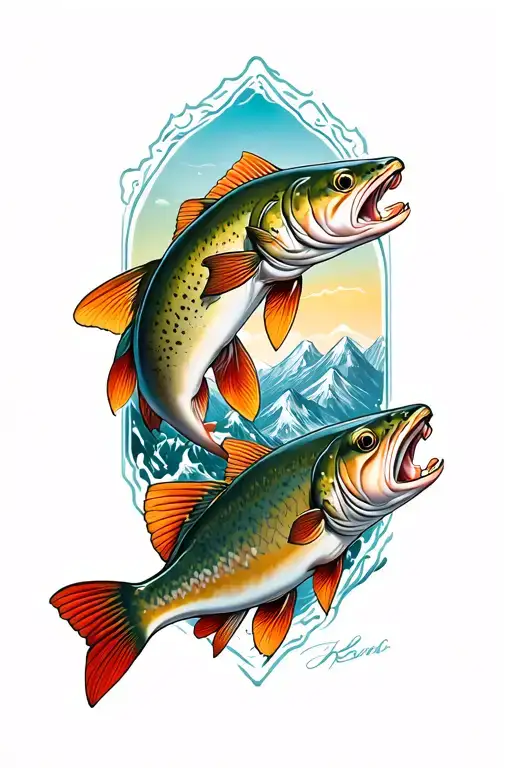 trout and mountains tattoo design idea