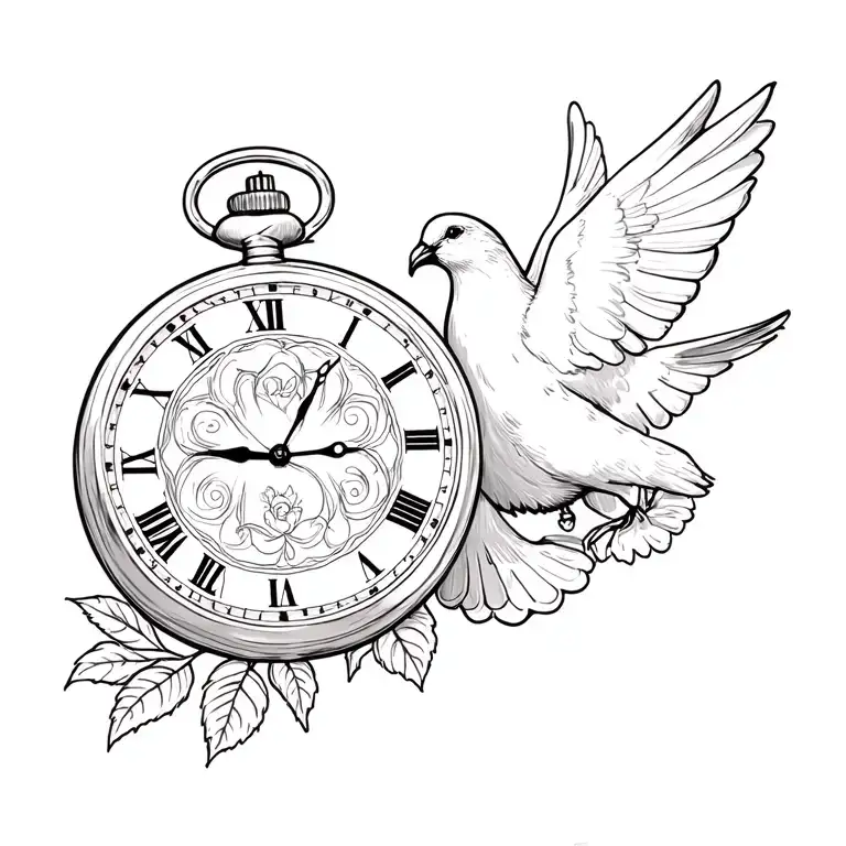 a pocket watch 12:27, a dove, an intertwined rose tattoo design idea