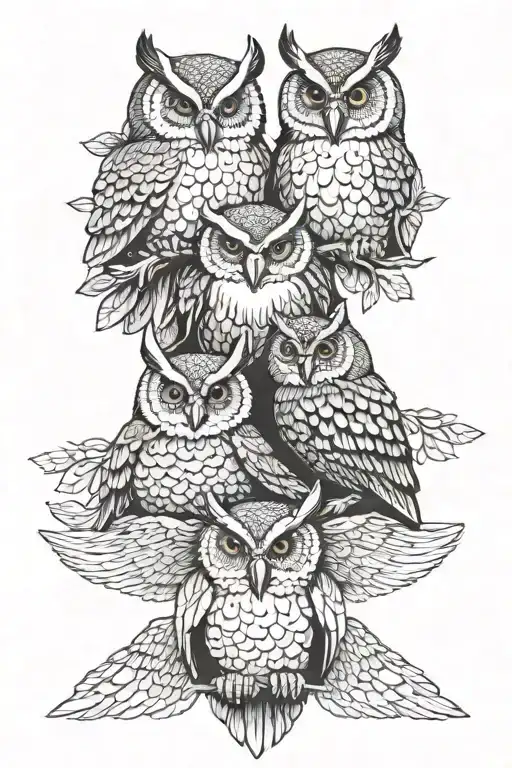four owls sitting together, one of them is full wings open tattoo design idea