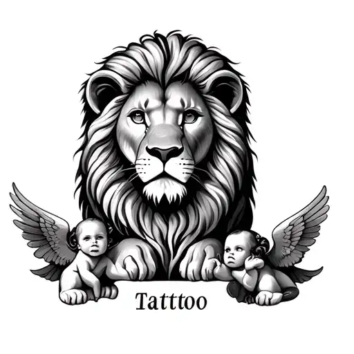 lion with two babys name with 2 angels tattoo design idea