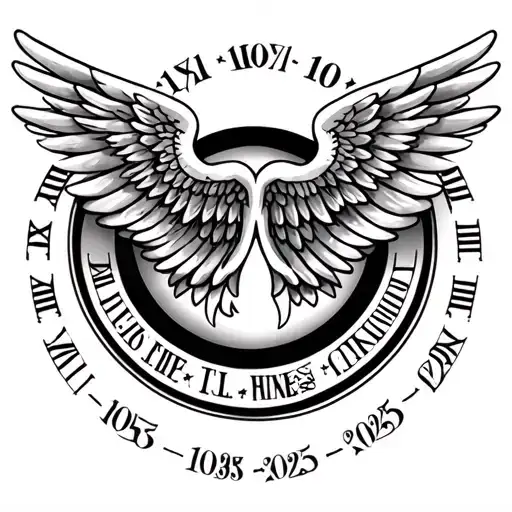 Beautiful wings with the dates 13/01956 and 10/18/2025 in Roman numerals surrounding the wings in a circle tattoo design idea