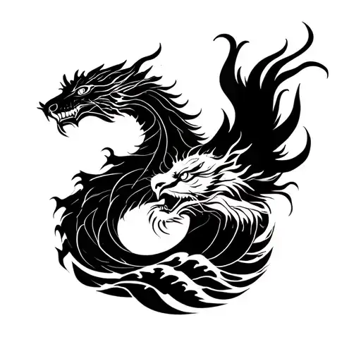 Create a single tattoo with the face of each of these spirits: Dragon, Phoenix, Tiger, Oni, Samurai and Wave tattoo design idea