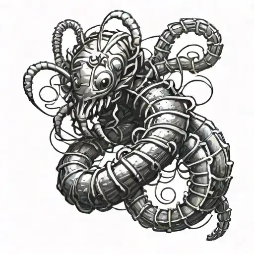 A Scolopendra crawling from forearm to shoulder, using chains and barbared wires in the background to crawl itself upwar tattoo design idea