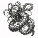 A Scolopendra crawling from forearm to shoulder, using chains and barbared wires in the background to crawl itself upwar tattoo design idea
