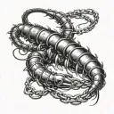 A Scolopendra crawling from forearm to shoulder, using chains and barbared wires in the background to crawl itself upwar tattoo design idea