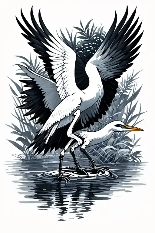 flying egret skeleton tattoo design idea