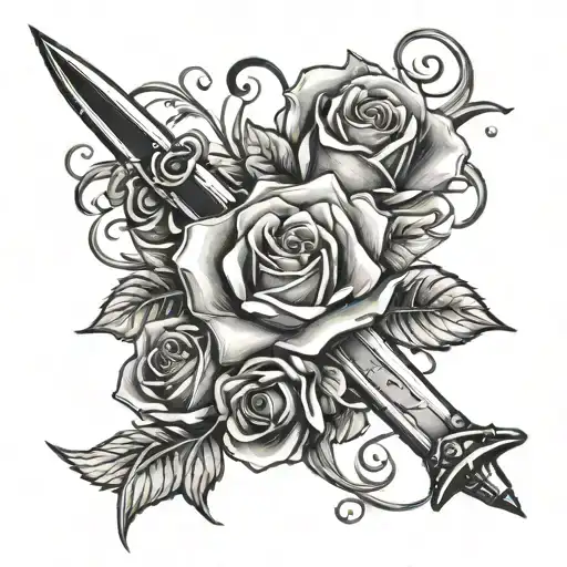 Parchment paper with words written and roses and swords coming from under paper tattoo design idea
