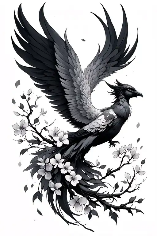 Feminine Phoenix with cherry blossoms falling from the wings  tattoo design idea