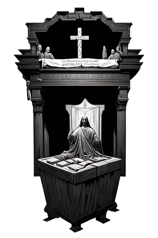 throne room of heavn with the ark of the covenant in it and the tabltes of moses ontop of the ark. tattoo design idea