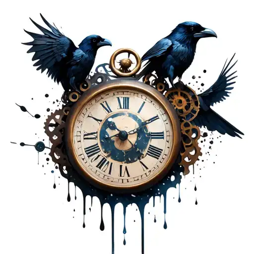 melting clock with gears and ravens tattoo design idea