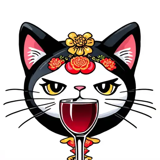 maneki neko cat drinking wine glass tattoo design idea