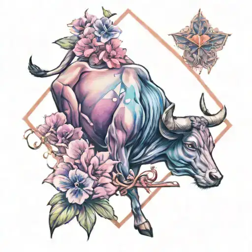 A colorful diamond surrounded by pink and purple flowers, with the Taurus zodiac symbol incorporated into the design tattoo design idea