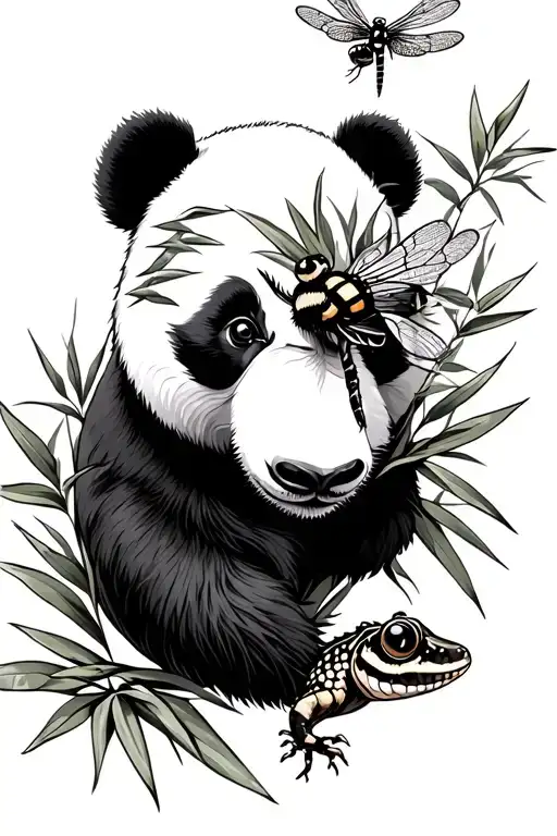 panda head, bamboo, dragonfly, bumblebee flying near gecko tattoo design idea