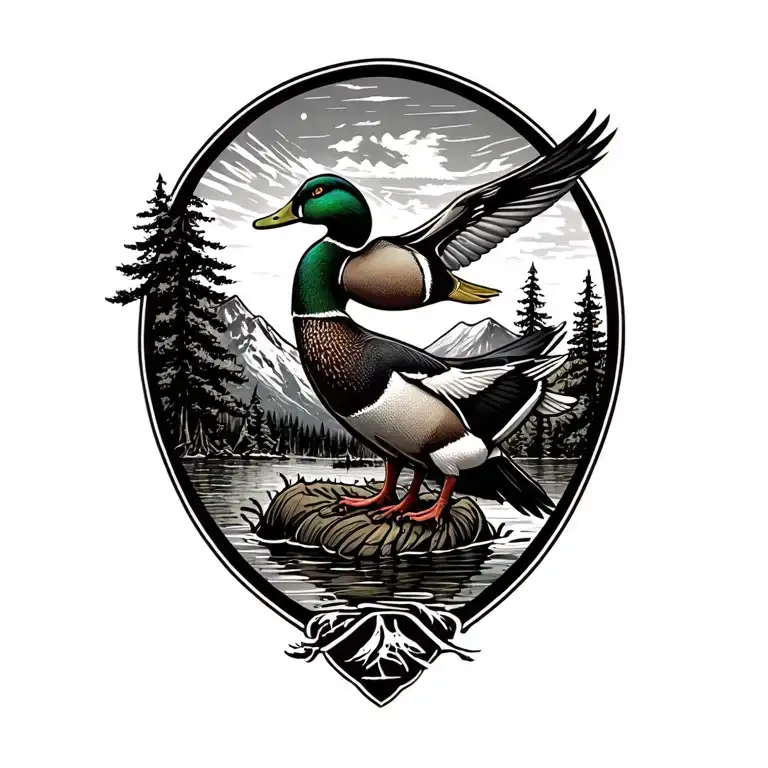  hunting, outdoor mountains, trees, flying mallard duck tattoo design idea