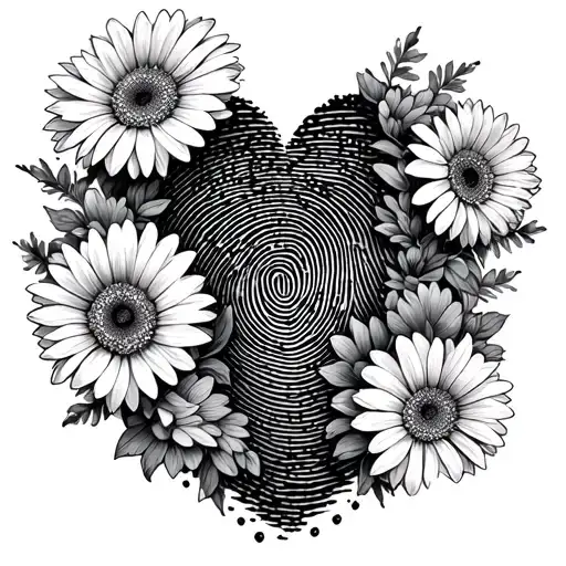 Gerbera flowers surrounding a fingerprint heart shape tattoo design idea