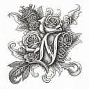 letter N in slight cursive font with female crown and roses  and 20.7.24 below it tattoo design idea