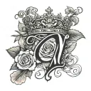 letter N in slight cursive font with female crown and roses  and 20.7.24 below it tattoo design idea