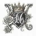 letter N in slight cursive font with female crown and roses  and 20.7.24 below it tattoo design idea