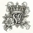 letter N in slight cursive font with female crown and roses  and 20.7.24 below it tattoo design idea