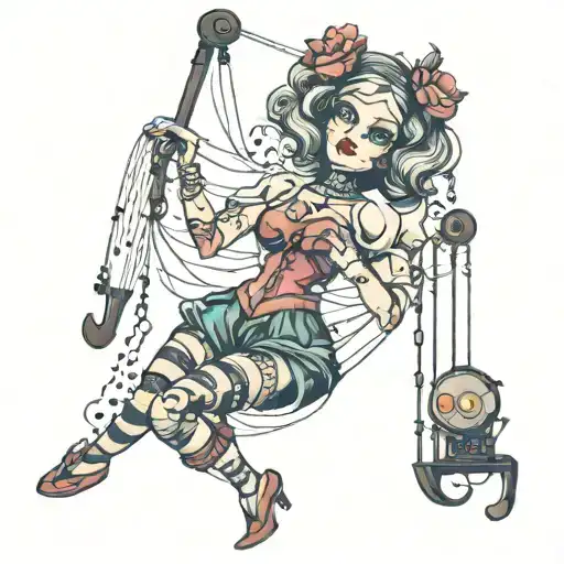 Marionette music notes and joy techno laser power woman with heart tattoo design idea