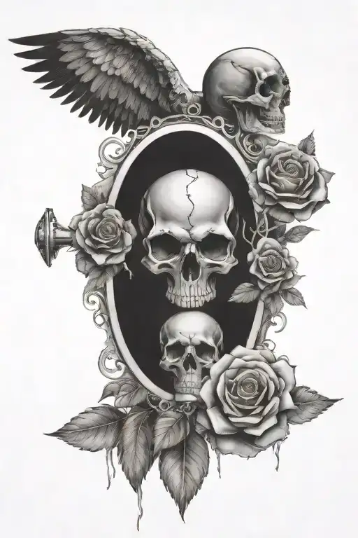 rose, forest, mountains, skull, motorcycle sprocket, angel wings tattoo design idea