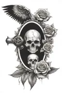 rose, forest, mountains, skull, motorcycle sprocket, angel wings tattoo design idea