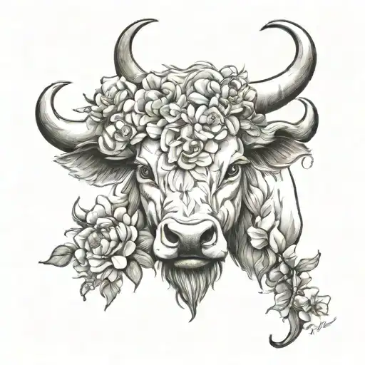 angry Taurus with ring in nose surrounded by flowers   tattoo design idea