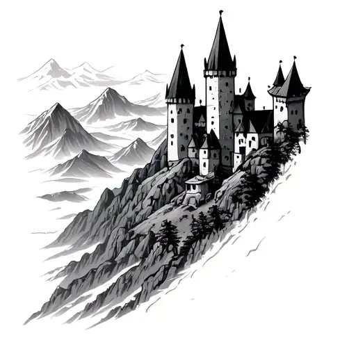 castle overlooking mountains, 96, grenade tattoo design idea