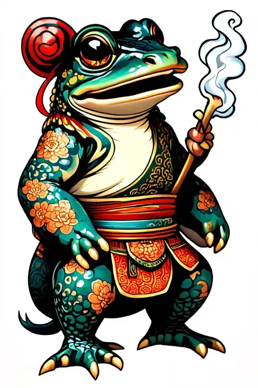 smoking  samurai frog standing tattoo design idea