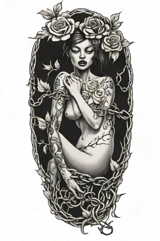 Naked girl, intertwined roots growing from chains on wrist, roses with sharp vines tattoo design idea
