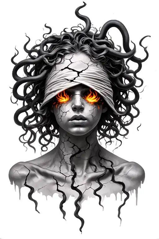 medusa wearing a rag covering her eyes, face cracking like stone. there is fire in the cracks. hair like snakes tattoo design idea