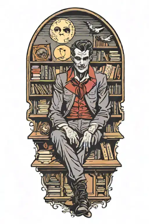 A vampire sitting in an office library. Full moon outside window. Bats  tattoo design idea