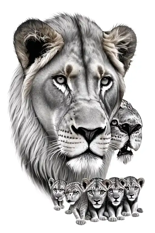 lion, lioness, 4 cubs face only tattoo design idea