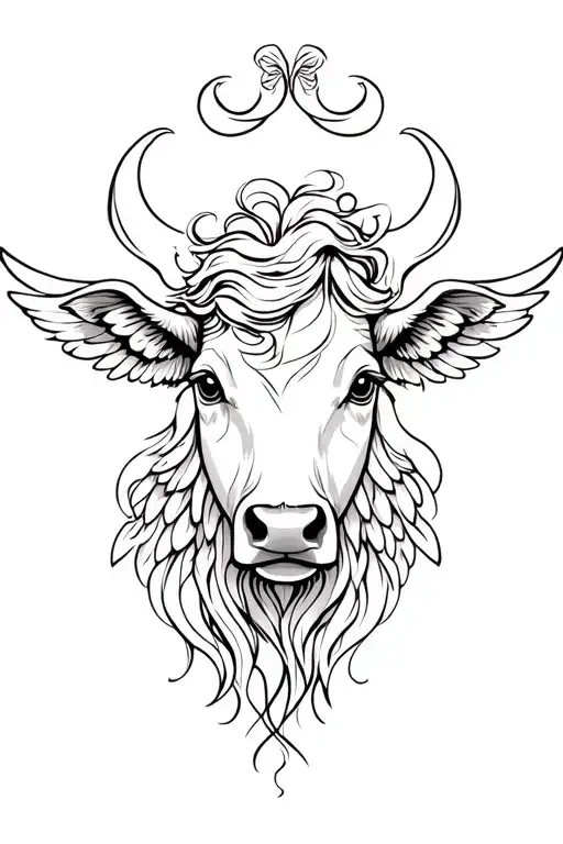 female cow head thin lines angel wings  tattoo design idea
