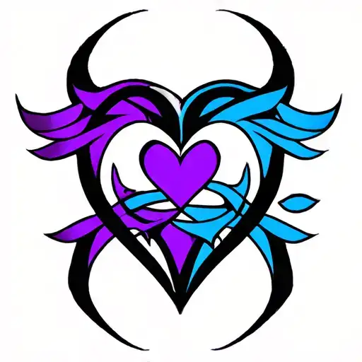 B.N+B.C. in purple and blue hearts intertwined with Aries Taurus Cusp  tattoo design idea