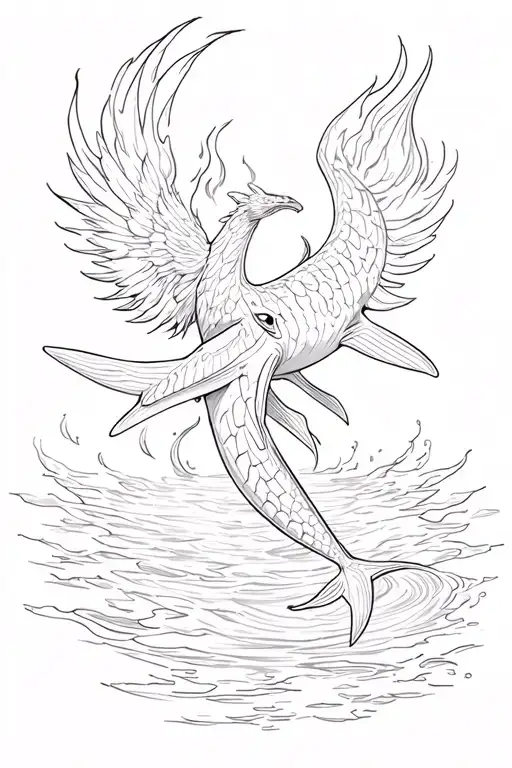 A hybrid of a whale shark and a flaming phoenix. it is swimming and is on fire. it is not scary though, it's peacefu tattoo design idea