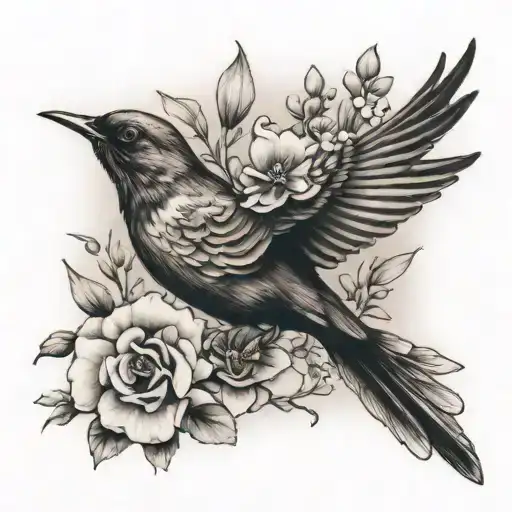 Brooke fish with bluebonnets and black birds flying tattoo design idea