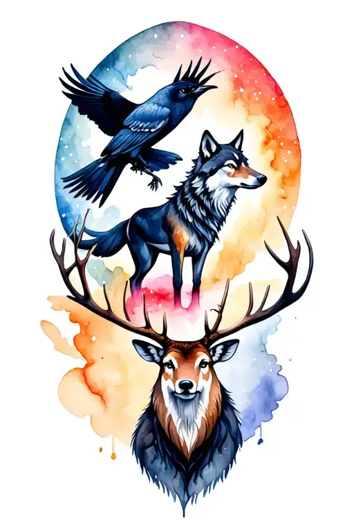 A watercolor tattoo design inspired by Scandinavian shamanism. Spirit animals: a raven, a wolf, and a reindeer, aurora tattoo design idea
