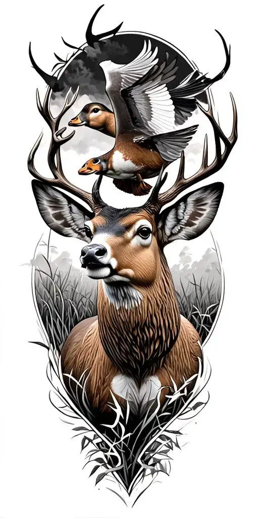 Hunting scenes with Deer and duck flying tattoo design idea