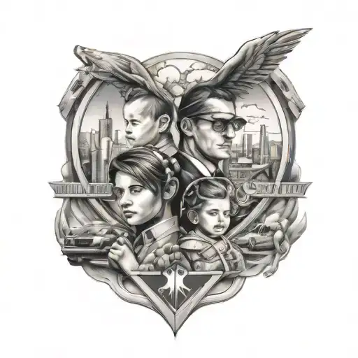 A detailed sleeve tattoo featuring portraits of your kids and animals, with a background of the San Francisco skyline and a BMW car intertwined in the design tattoo design idea