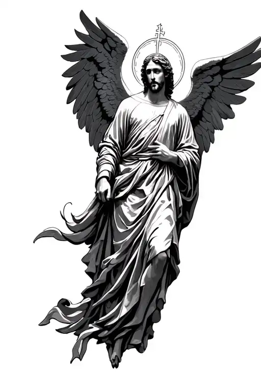 Black and gray tattoo-style sketch of St. Gabriel the Archangel, full body, fierce yet serene expression tattoo design idea