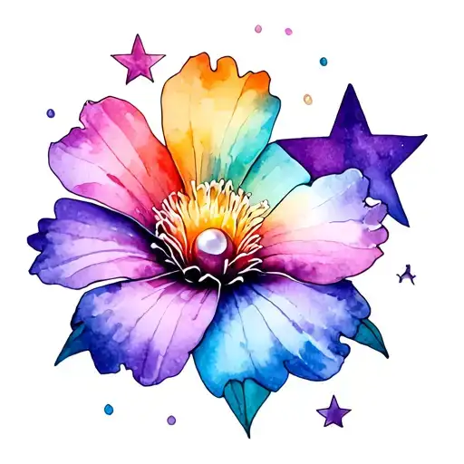 violet flower, pearl, beach, 3 stars, rainbow tattoo design idea
