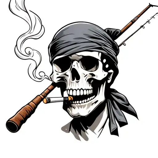 skull smoking a cigarette wearing a bandana holding a fishing pole tattoo design idea