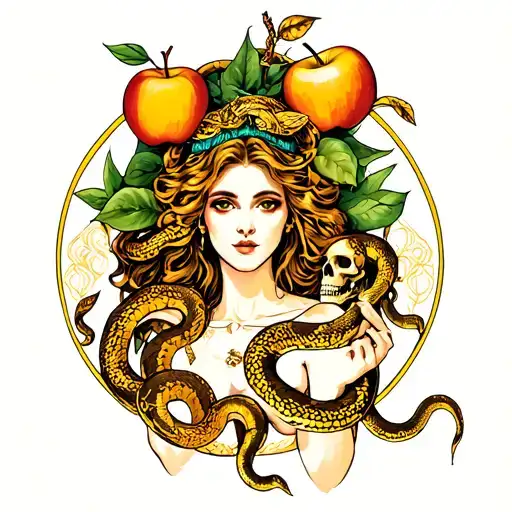 Goddess Eris with her golden apples, snakes, and skulls that represents chaos  tattoo design idea