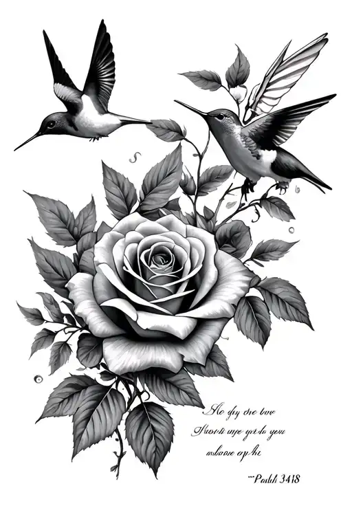 roses and hummingbirds psalm 34:18 tattoo design idea