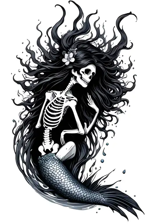 mermaid part skeleton part real with water element tattoo design idea