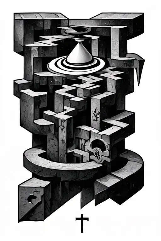 maze tattoo with different symbols from Christopher Nolan movies including the spinning top, block h tattoo design idea