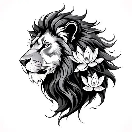 realistic lion head with long hair and small lotus blossoms weaved into the mane tattoo design idea