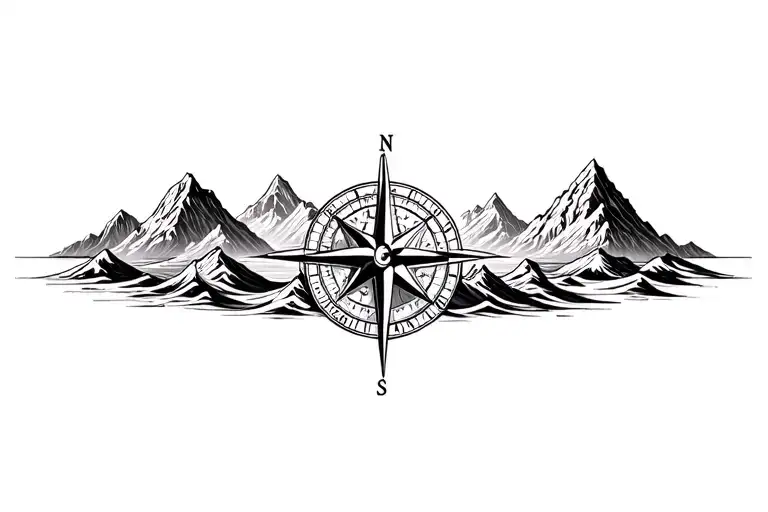 large compass with long north point surrounded by intricate geometric moutains and waves. black and white tattoo design idea