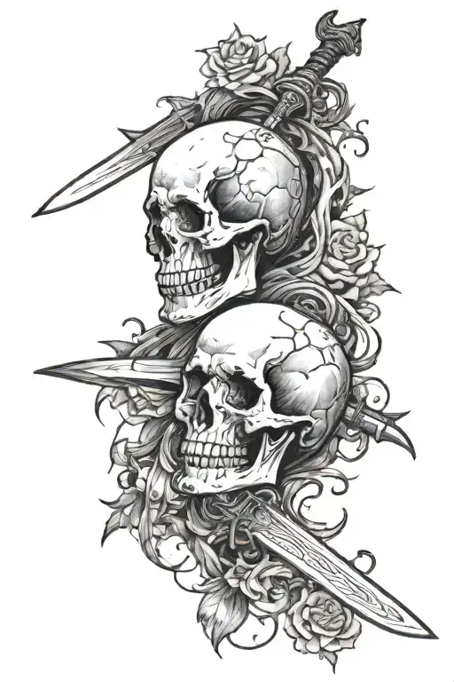 skull with human body is looking sideways also there are two swords that impaled to his back, show to body and swords    tattoo design idea